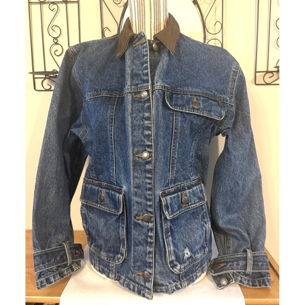 Vintage Wrangler Women's Denim Jacket w/Leather Collar Western 1990s - Sz Small